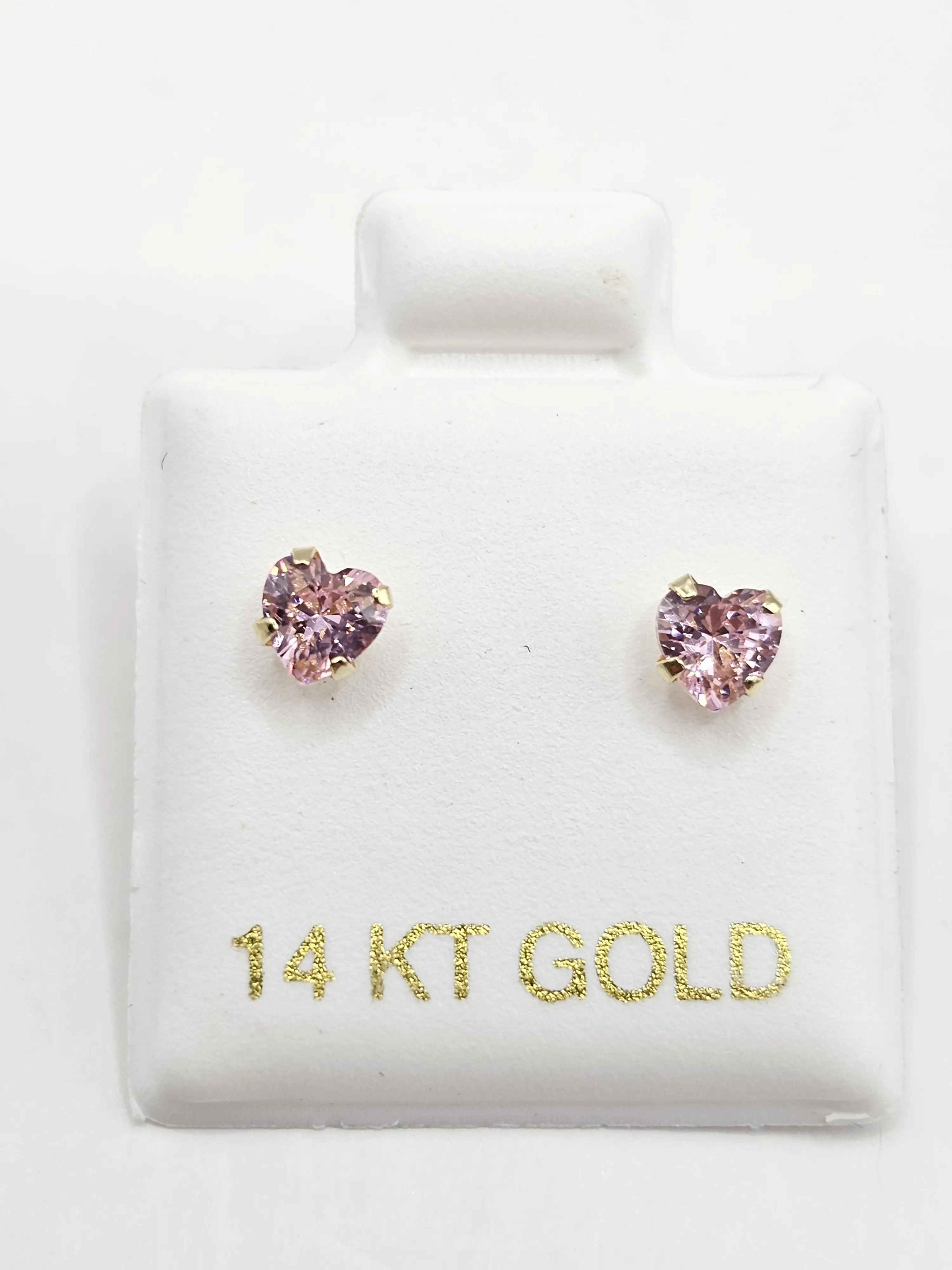 14K Gold Earrings - Pink Heart Design Sparkling Gemstone Studs in Elegant Gold Finish