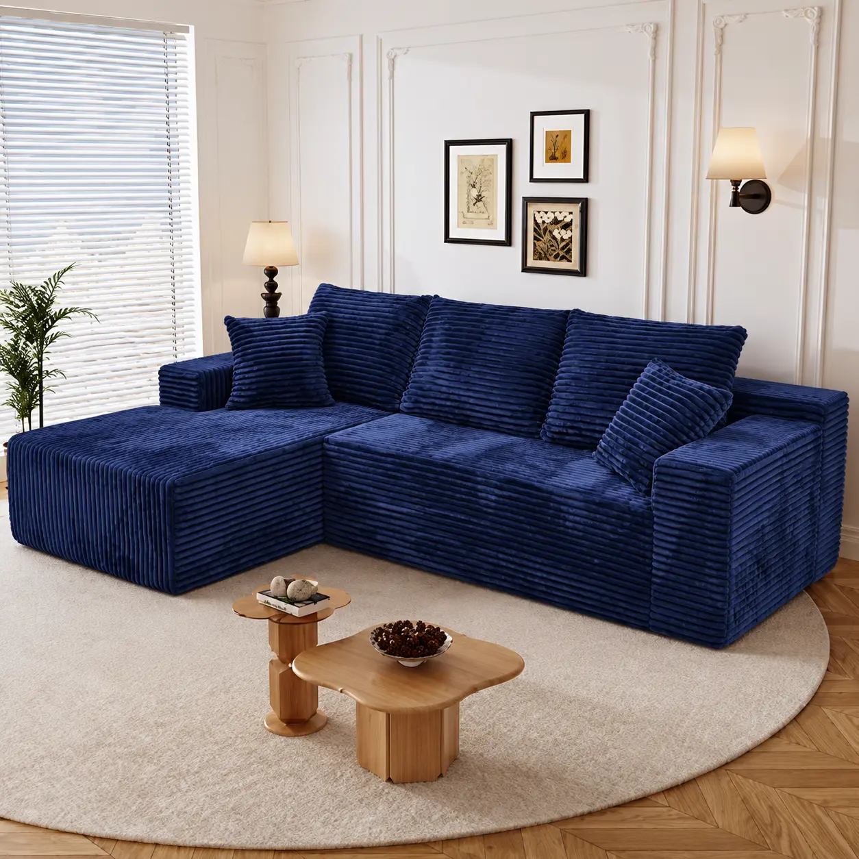 96" Blue L-Shaped Boneless Sectional Couch, Modern Corduroy Striped Cloud Sofa, No-Assembly Oversized Modular Deep Seat Comfy Set, Flexible Configuration Sofas Living Room Furniture