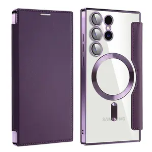 Suitable for Samsung S25 Ultra electroplated gold shield magnetic leather phone case S25 FE all-inclusive flip lens film protective cover