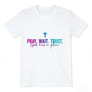 Light Round Neck Short-Sleeve Printed Cotton Casual Tee - "Pray, Wait, Trust, God Has A Plan" Slogan for Sports & Outdoor Activities