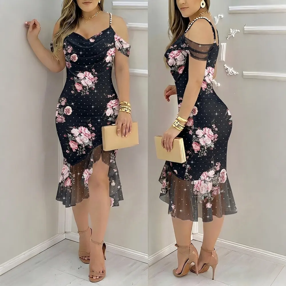 CHICME Women's Floral Mesh Slit Dress Rhinestone Pearls Decor Straps Cold Shoulder Ruffle Hem Dress Sexy Bodycon Party Dress CHICME Women's Floral Mesh Slit Dress Rhinestone Pearls Decor Straps Cold Shoulder Ruffle Hem Dress Sexy Bodycon Party Dress