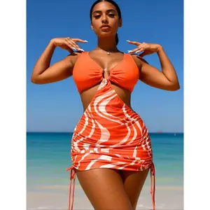 Women's Orange & White Swirl Print Two Piece Swimsuit Set, 2026 Summer Bathing Suit With O-Ring Hardware