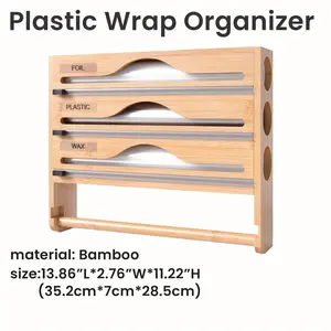 Bamboo Food Wrap Cutter with Paper Towel Holder – Wall Mounted Foil Cutter for Kitchen Organization, 3 Compartment Aluminum Foil Cling Wrap Dispenser with Storage Shelf, Space Saving Kitchen Tool