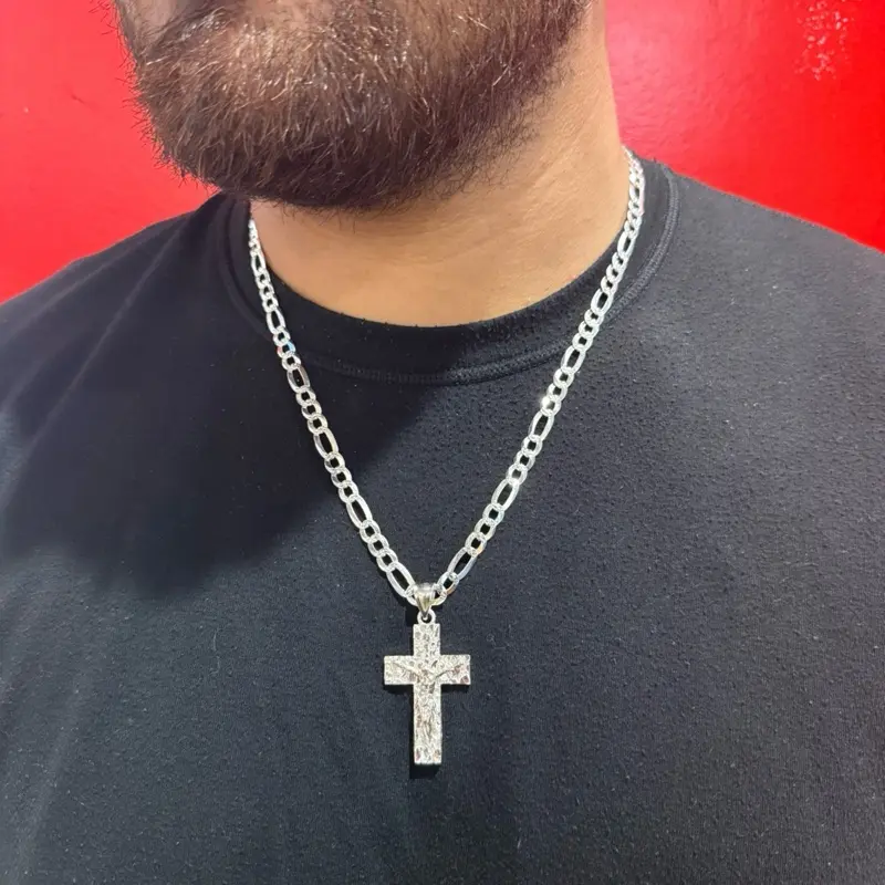 Sterling Silver Figaro Link Chain with Nugget Cross Pendant