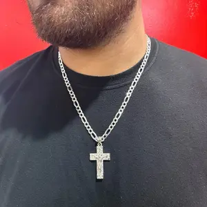 Sterling Silver Figaro Link Chain with Nugget Cross Pendant