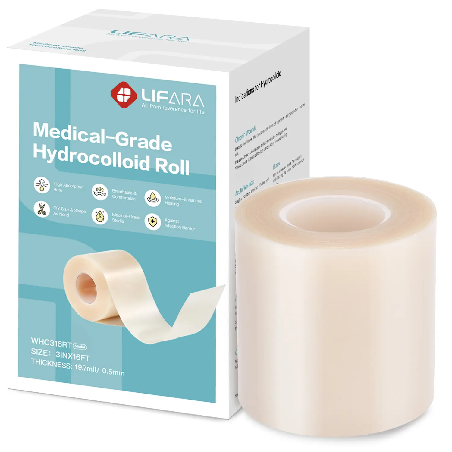 LIFARA Hydrocolloid Wound Care Roll - 3in*16ft, 19.7mil/0.5mm Thickness, Cut-to-Size Extra Large Self-Adhesive First Aid Bandages, Absorbent, Flexible, Waterproof, Prop 65 Safe Healthcare Essential