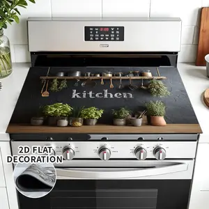 2D Flat, 1pc Stove Top Protector Mat - Non-Slip Kitchen Counter Mat with Herb & Utensil Design, Compatible with Induction Cooktops, Space-Saving Decorative Cover for Gas/Electric Stoves, Scratch-Resistant Surface Protector (Easy-Clean Rubber)