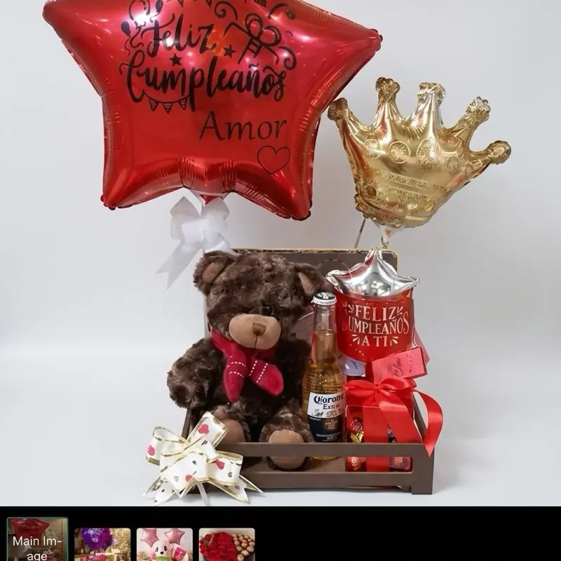 Birthday Gift Set with Stuffed Bear, Balloons, and Beer
