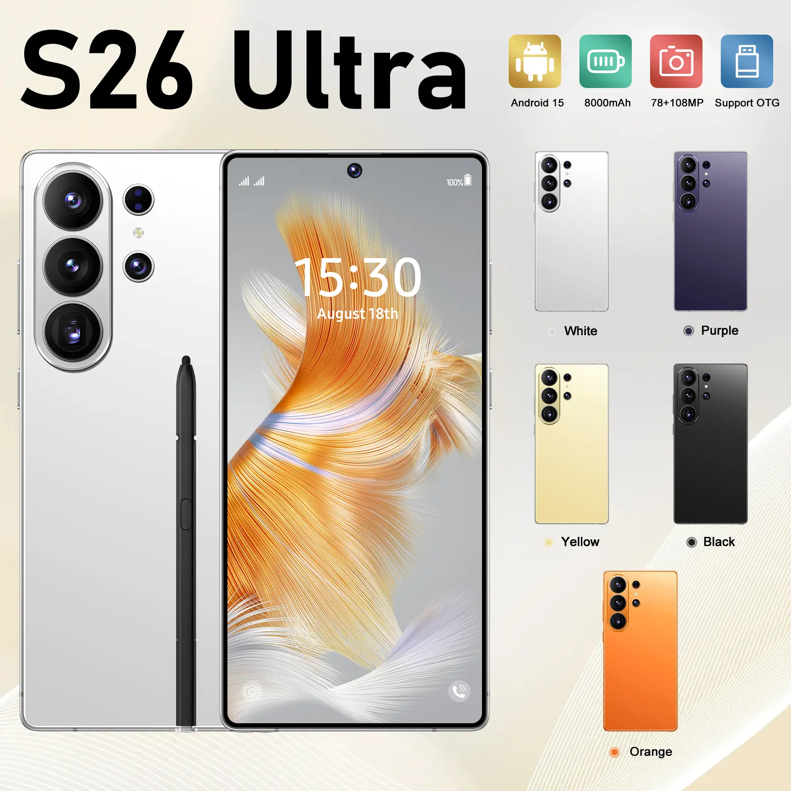 2026 New S26 Ultra 5G Unlocked Phone, Android 15, 12GB RAM + 512GB ROM, 6.99" HD Screen, 78MP+108MP Camera, 8000mAh Battery, Dual SIM, Stylus, Full Accessories			