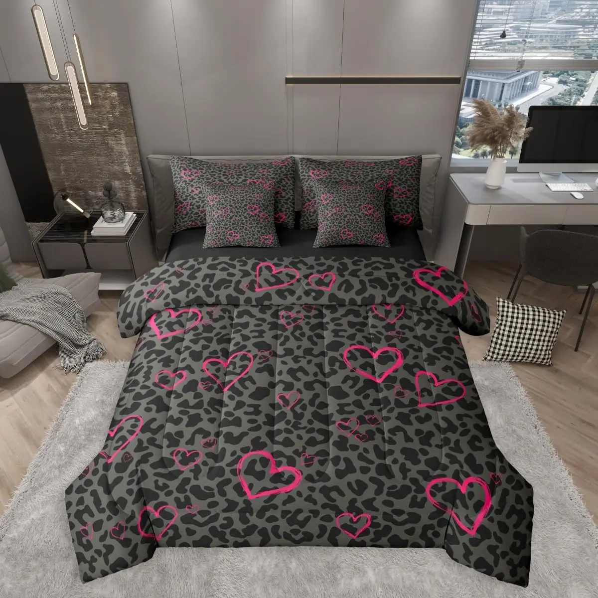 Grey Black Leopard 7 Pieces Bedding Set,Pink Love Hearts Bed in a Bag,African Cheetah Print Bed Set Includes Comforter,Sheet Set,Pillowcases & Pillow Covers,Farmhouse Rustic Bedroom Decor