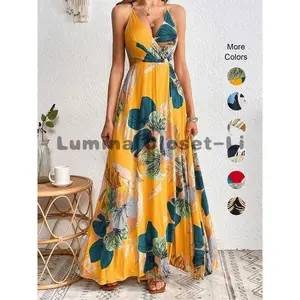 Women's Floral Print Backless Split Thigh Wrap Dress, Summer Clothes Women, Boho Sleeveless Deep V Neck Long Dress for Beach Holiday Vacation, Sundress, Slip Dress Casual Womenswear