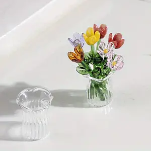 1 set (8 flowers+1 vase) glass simulation flower decoration ornaments, handcrafted mini glass flowers, DIY flower arrangement bouquets, Vibrant faux flowers, suitable for giving gifts to loved ones, event decorations, holiday gifts