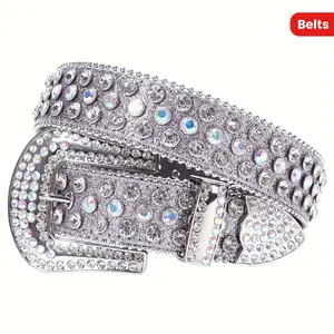 （All handmade） BB belt y2k Handmade Silvery Rhinestone Belt With Western Hip-hop Style, Suitable For Both Men And Women,Perfect For Decorating And Matching With Jeans. Fashionable Metal Buckle