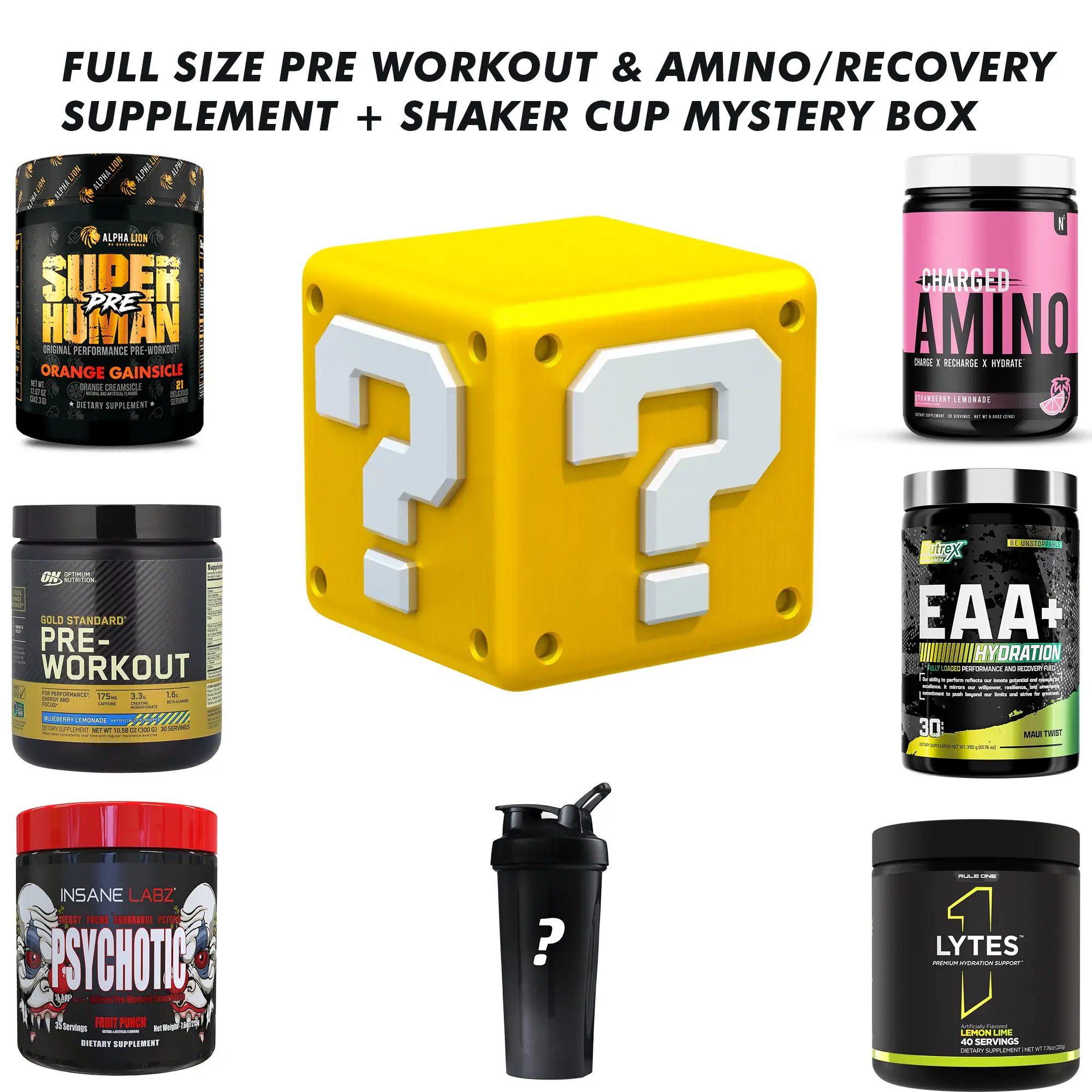 Supplement Mystery Box - 2 Full Size Products + Shaker Cup (Pre-Workout + Amino or Hydration) Fitness Supplement Gift Box