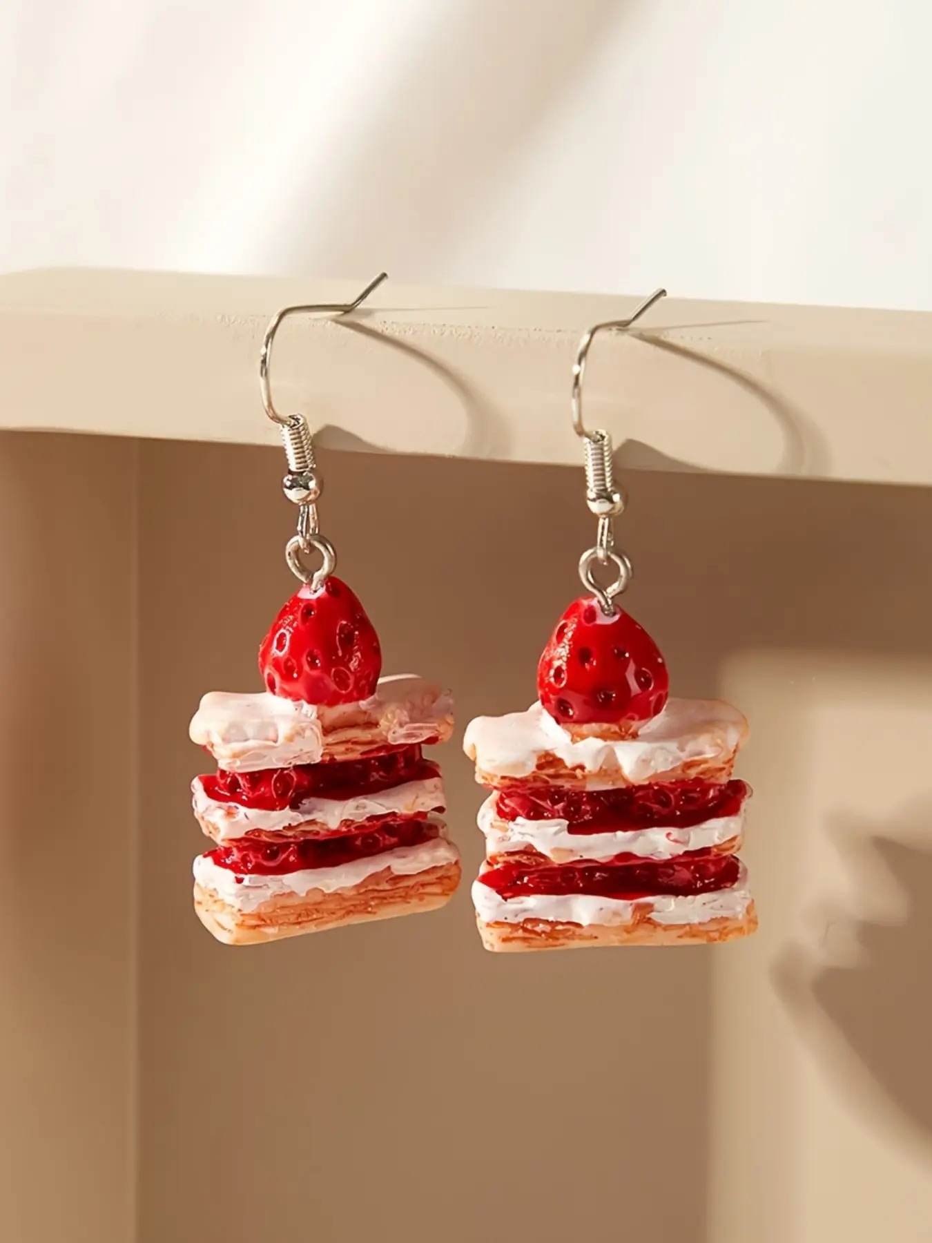Strawberry Cake Slice Dangle Earrings, Cute Jewelry - Quirky Cartoon Design, Alloy & Resin, Perfect for Daily Wear, Simple Style for Students and Fun Food Enthusiasts