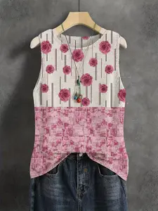 Elegant Floral Print Round Neck Knit Vest for Women, Long Fitted Sleeveless Top for Spring Summer Autumn, Breathable Casual Wear