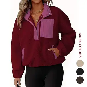 Aswulk Womens Fuzzy Fleece Pullover Sherpa Sweatshirt Long Sleeve Color clashing Button Down Sweater Winter Fleece Jacket with Pockets