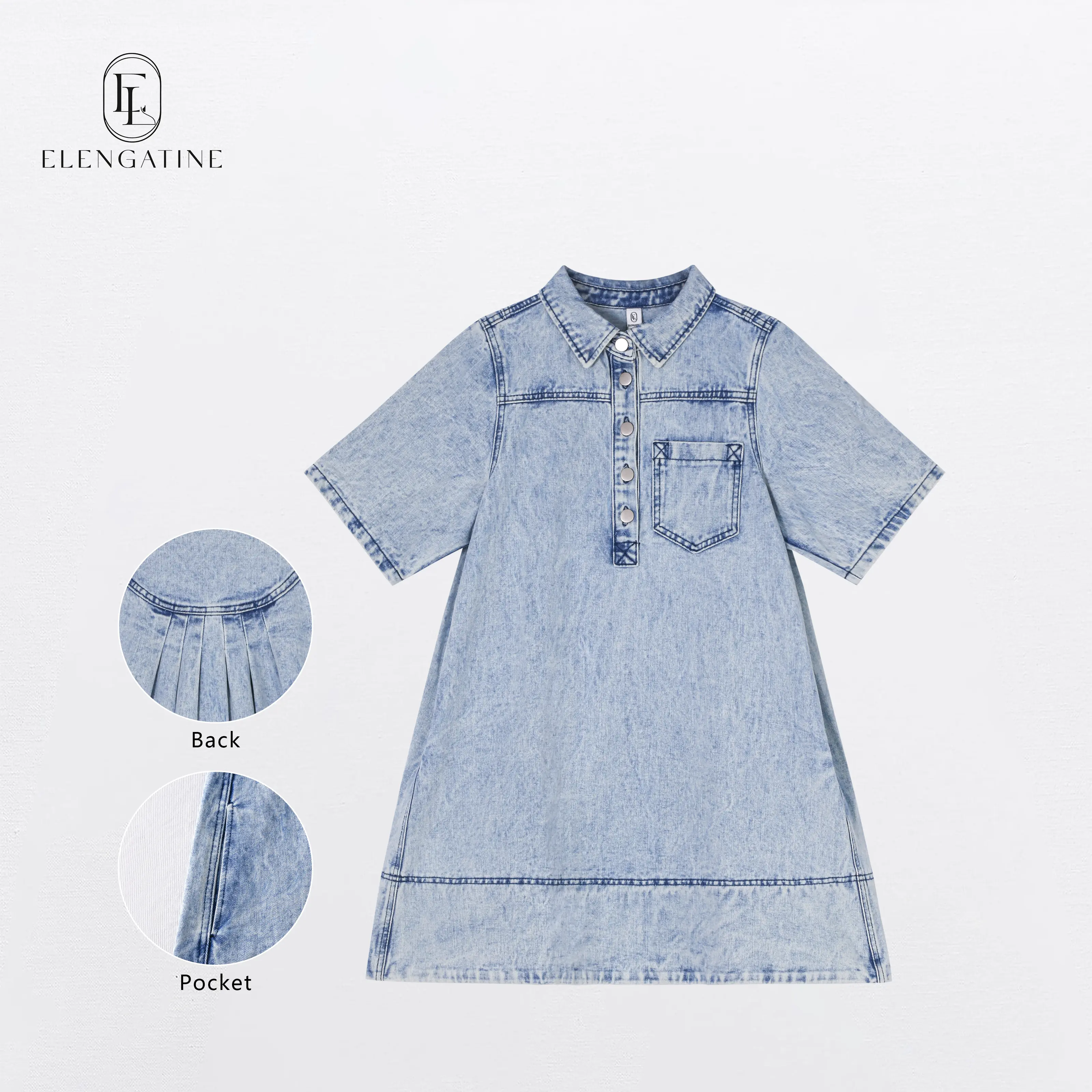 elengatine denim dress Elengatine Women's Denim Dress Half-Zip Collared Vintage Washed Blue Loose  Fit Long Sleeve One Chest