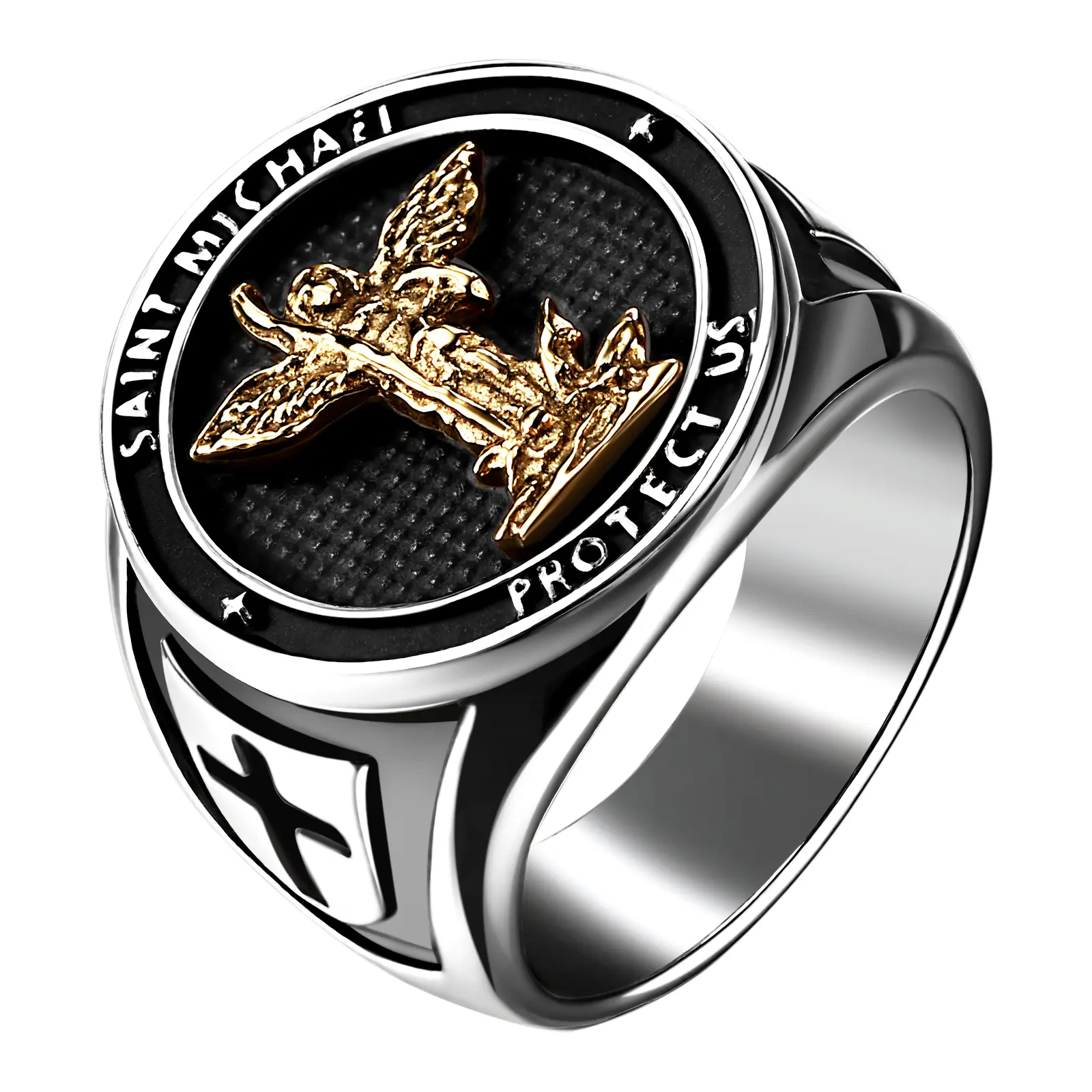 OIDEA Men's Hypoallergenic St Michael Protection Steel Ring - Durable Textured Stainless Steel Christian Signet Shield, Archangel Faith Jewelry with Cross Emblem for Baptism, Confirmation, Daily Wear (Sizes 8-13)