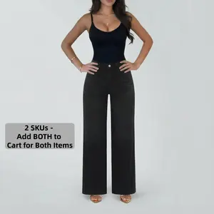 SHAPUM Womens Mid Waist BBL Jeans and Seamless Tummy Control Shapewear Bodysuit Set Comfort Stretchy Curve Hugging Butt Lifting Plus Size Regular Size