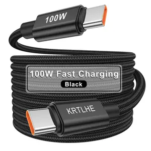 Krtlhe 100w Fast Charging 90 Degree Bendable USB C Phone Charger Cable, PD Type-C to Type-C, Data Transfer, Round PVC Wire