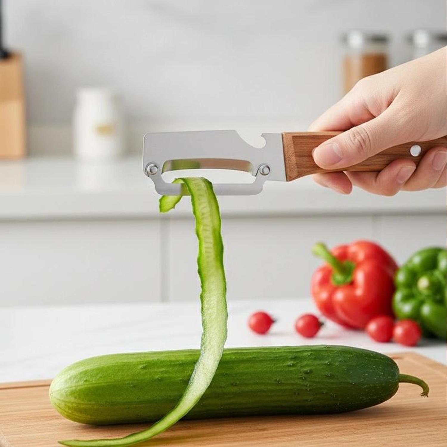 2-in-1 Stainless Steel Fruit & Veggie Peeler with Bottle Opener, Wooden Handle Non-Slip Ergonomic Grip, Sharp Durable Peeler for Kitchen Vegetable Fruit Peeling