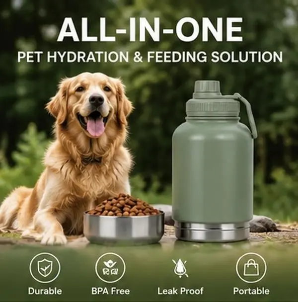 2-in-1 BPA-Free Dog Water & Feeding Bottle with Leakproof Screw Lid, Portable Stainless Steel Outdoor Pet Travel Container with Easy-to-Clean Bowls & Carry Handle