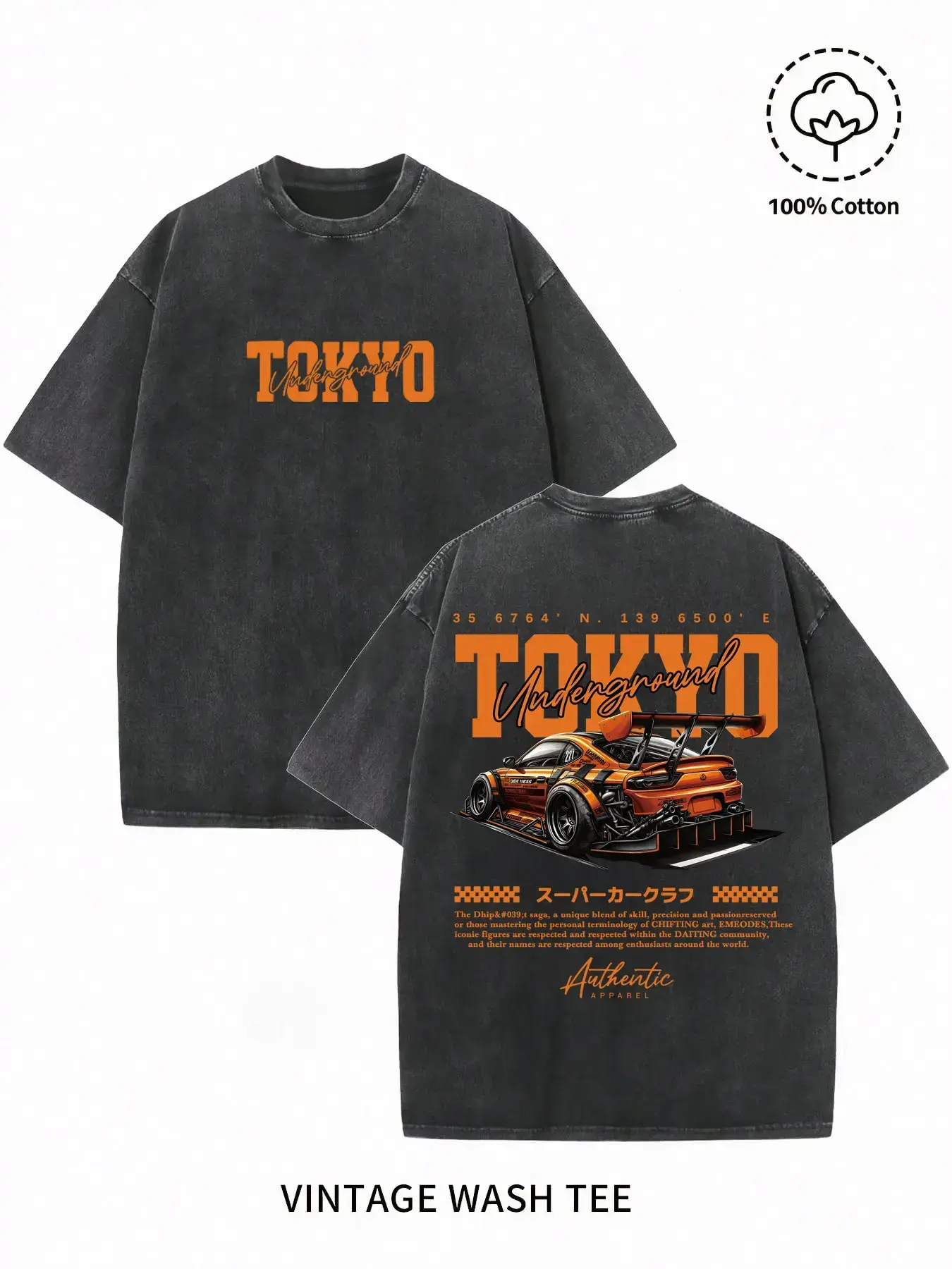 Men's Vintage Washed Oversized Cotton Short-Sleeve JDM Car Graphic T-Shirt, Menswear Casual Tops, Japanese Tuner Racing Streetwear Tee, Shortsleeve