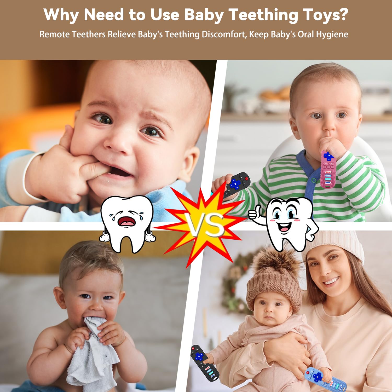 3pack Silicone Baby Teething Toy - Baby Chew Toy for Teething Relief, Toddler Sensory & Baby Remote Toy, Food-Grade Safe for 3-24 Months, Valentine's Birthday Gift(Beige&Blue&Gray)