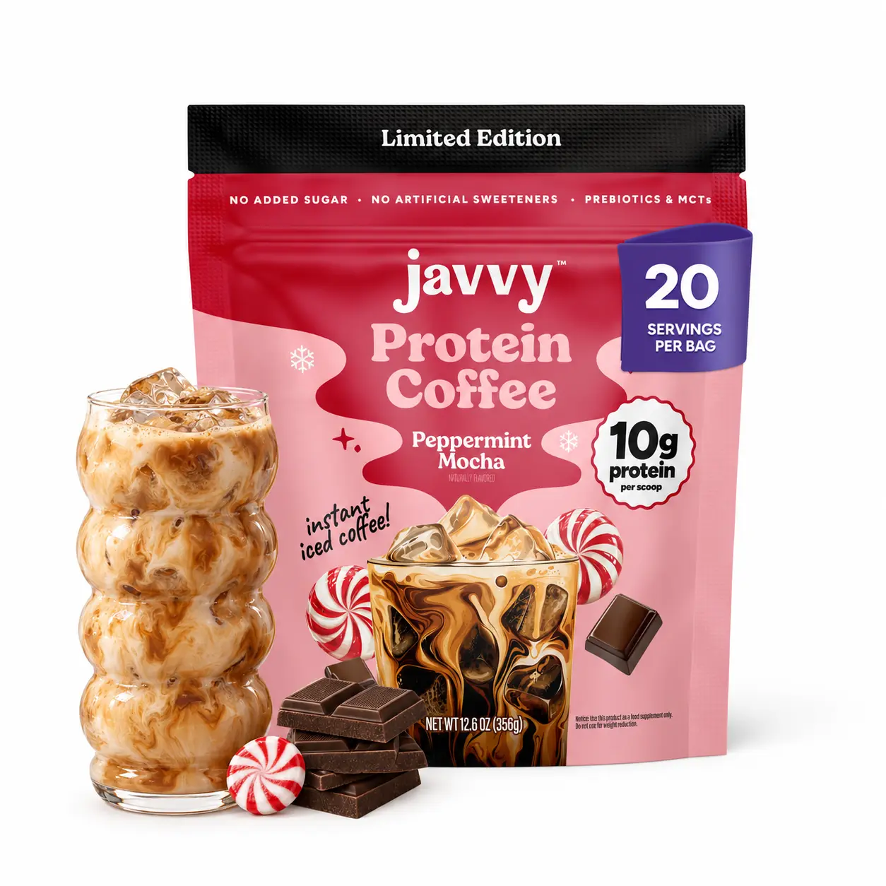 Javvy Limited Edition Peppermint Mocha Protein Iced Coffee - Premium Whey Protein & Instant Iced Coffees - 100% Natural Cold Brew - Zero Artificial Flavors & Sweeteners, 80 mg Caffeine, No Added Sugar, 20 Servings