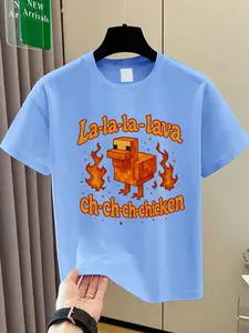 Boys Summer Fashion Cartoon Flame Chicken Printed Comfortable Short Sleeve T-Shirt, Funny Graphic Tees, Soft Versatile Top for Kids and Toddlers, Ideal Gift for Little Ones
