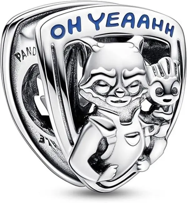 PANDORA Marvel Guardians of the Galaxy Rocket & Groot Emblem Charm in Sterling Silver, Shield Shape with Blue Enamel, Ideal for Friendship Gifts & Collectibles, Cut-Out Star Emblem