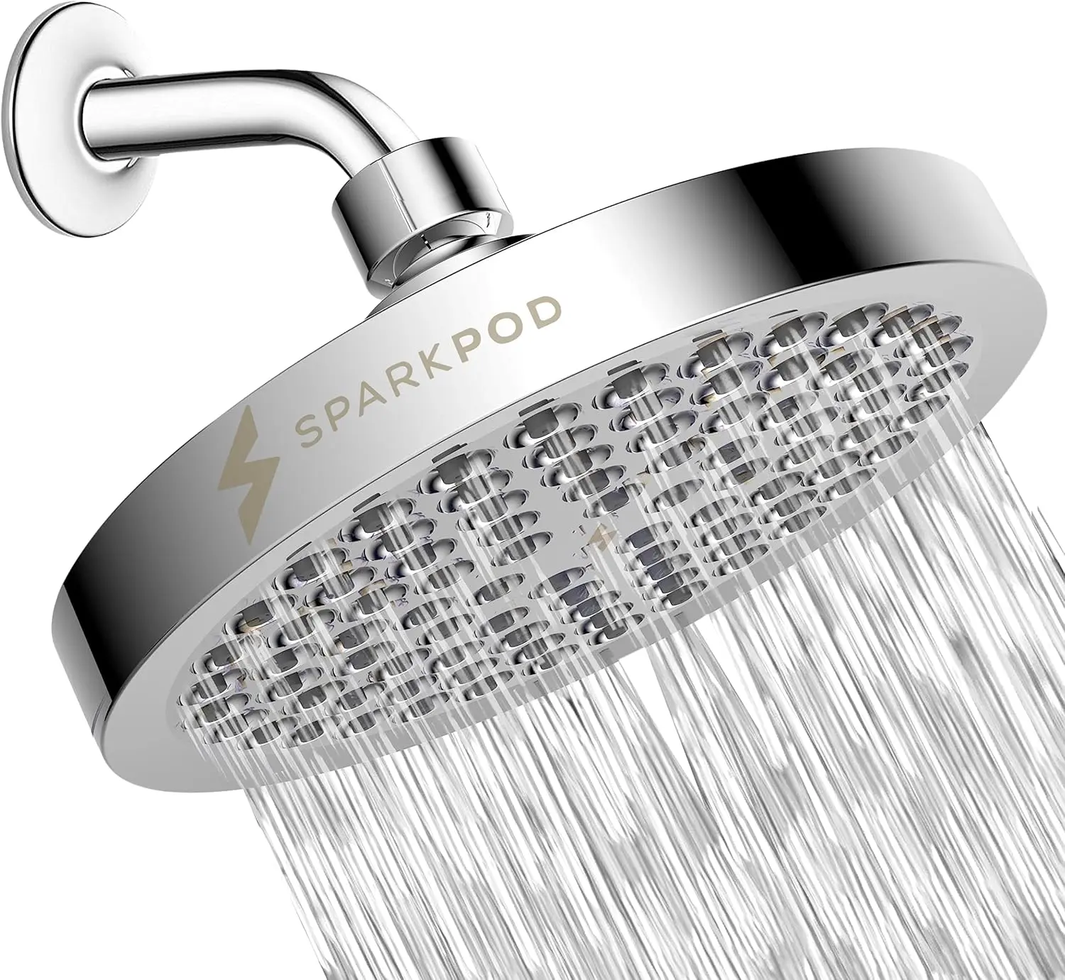 SparkPod Rain Shower Head, 6inch Round Shape, Luxurious Polished Chrome Finish | High-pressure shower head, 90 nozzles, adjustable shower head, no tools required, universal connection