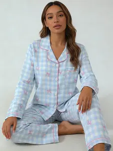 Daily Wear Light Blue Gingham Pink Bow Pajama Set for Women, Button Down Long Sleeve Long Pants, All Season Wearable Loungewear, Gingham Print, Delicate Cozy Home Outfit