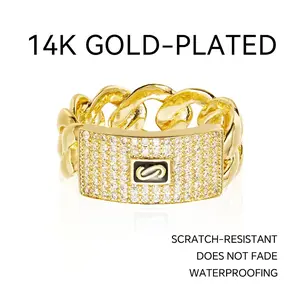 Cuban Chain Ring Iced out Cubic Zirconia 14 Gold Plated Design Iced Out Hip Hop personality Fashion Hip Hop Ring for Men and Women Streetwear Jewelry