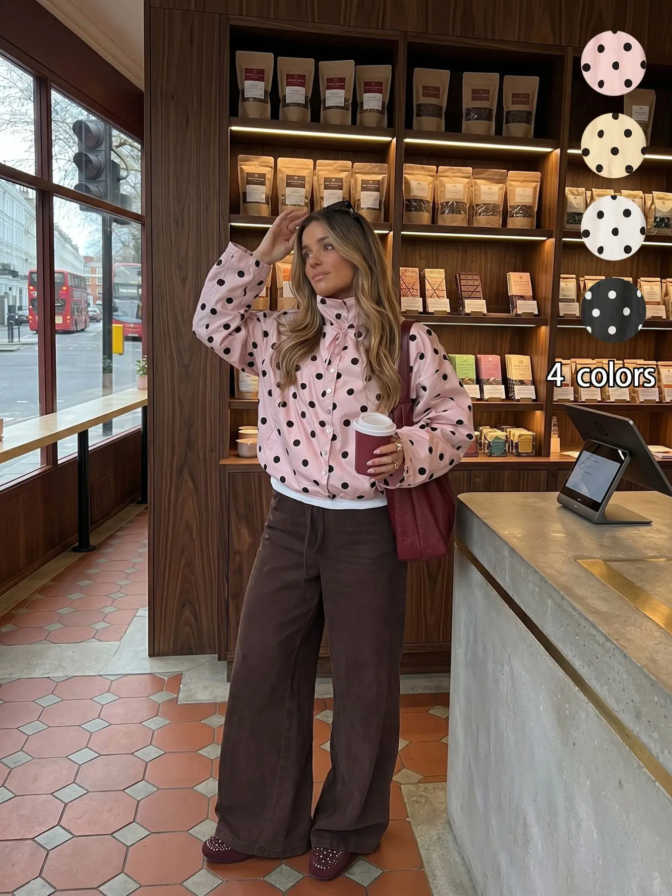 Spring Women's Stand Collar Adjustable Long-Sleeve Polka Dot Short Jacket Coats, Chic Outerwear for Casual Wear