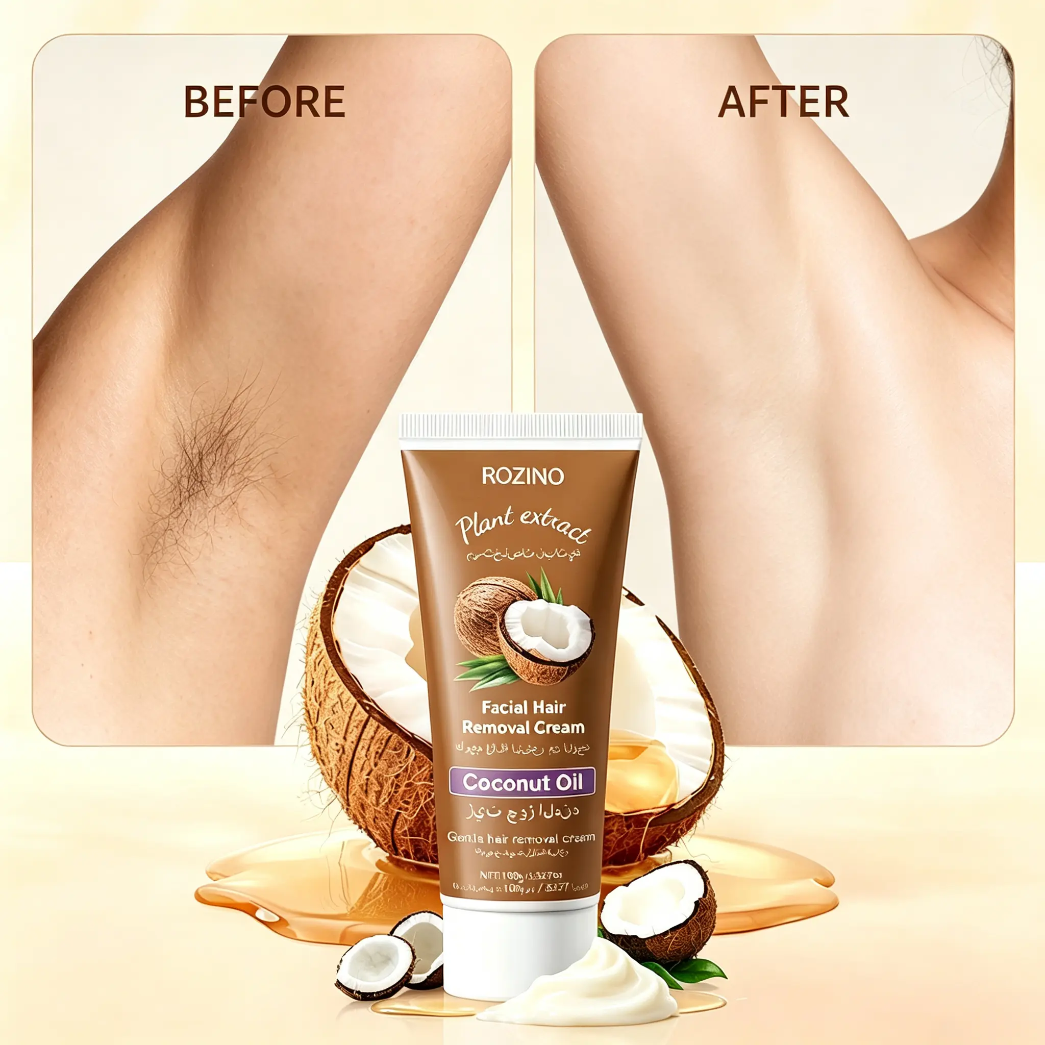 ROZINO Coconut Oil Hair Removal Cream for Men & Women, Gentle Plant-Based Depilatory Cream for Sensitive Skin, Effective Removal for Thick Hair, Ideal for Facial & Full Body Use, 100g Tube