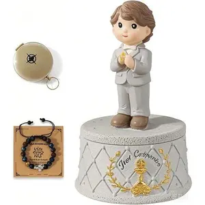 Holy Communion Keepsake Set for Boys - Religious Figurine with Gift Box, Inspirational Compass & Cross Bracelet - 1st Communion Gift Idea - Durable & Meaningful Present for Kids - Faith-Based Souvenir