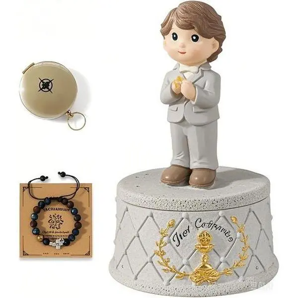Holy Communion Keepsake Set for Boys - Religious Figurine with Gift Box, Inspirational Compass & Cross Bracelet - 1st Communion Gift Idea - Durable & Meaningful Present for Kids - Faith-Based Souvenir