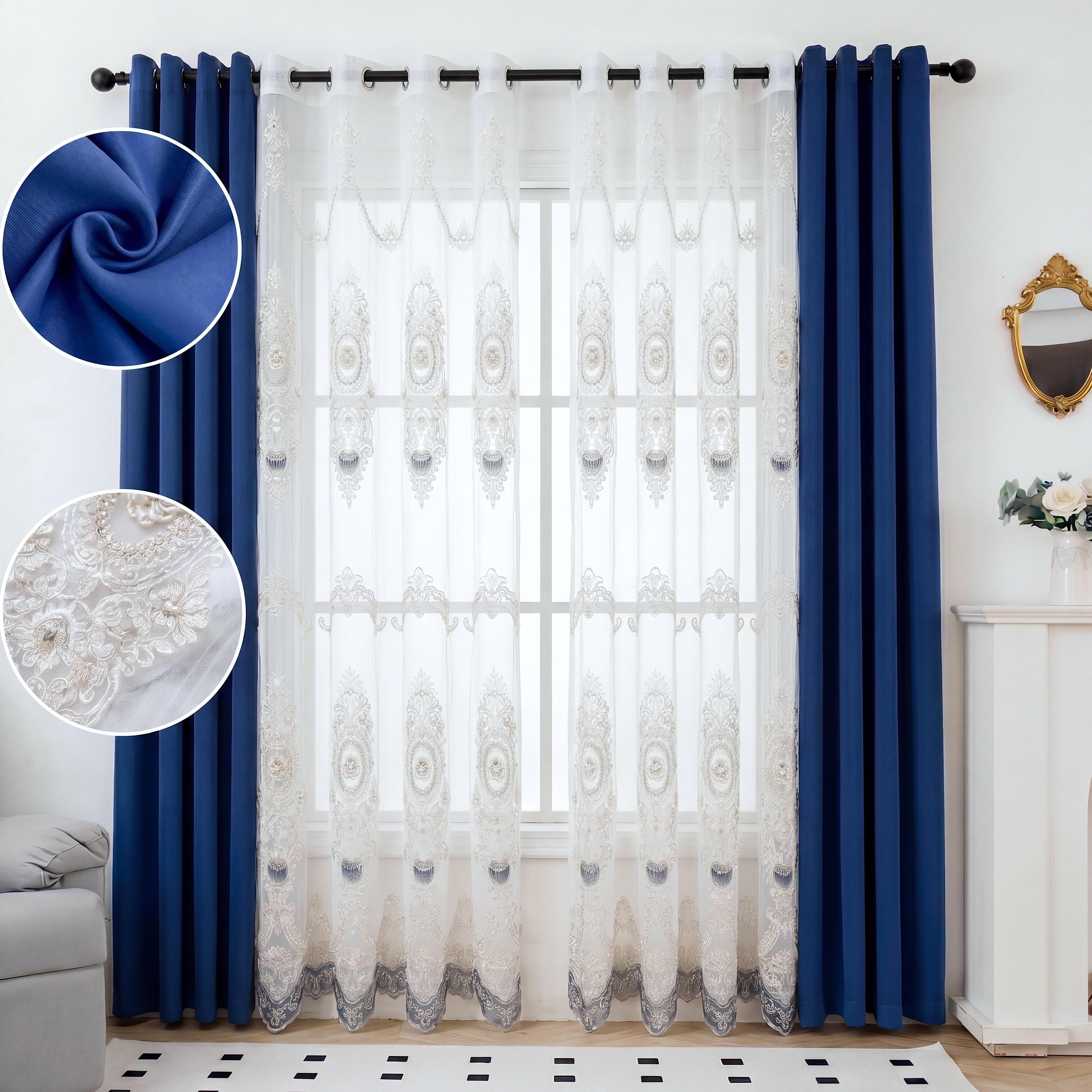 4 Panels Combination Grommets Curtains Including : 2 Panels 52x84 inch Solid Blackout Curtains & 2 Panels 52x90 inch Luxuary Embroidery Curtains QF222 QF78 noise reduction