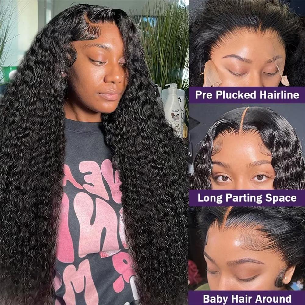 40 38Inch Deep Wave Glueless Lace Front Wigs Human Hair 180 Density 13x4 HD Transparent Lace Frontal Wigs Human Hair Pre Plucked Deep Curly Glueless Wigs Human Hair for Women Natural Black