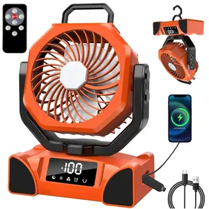 20000mAh Rechargeable Camping Fan with LED Light – Portable Battery-Powered Oscillating Desk Fan with Remote, Hook & Timer, 4-Speed USB for Tent, Travel, Bedroom, Car & Outdoor Camping Essentials