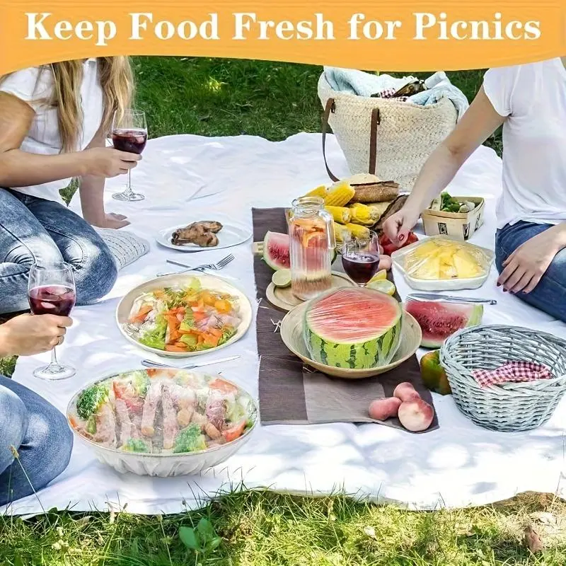 300pcs Heavy Duty Food Grade Disposable Plastic Wrap – Blue And Red Stretchable Leakproof Dust Cover Cling Film for Kitchen, Party, Travel, Bowls, Plates, Fruits & Vegetables (300 Counts), RV Kitchen Supplies, Food Safe Material, Party Supplies