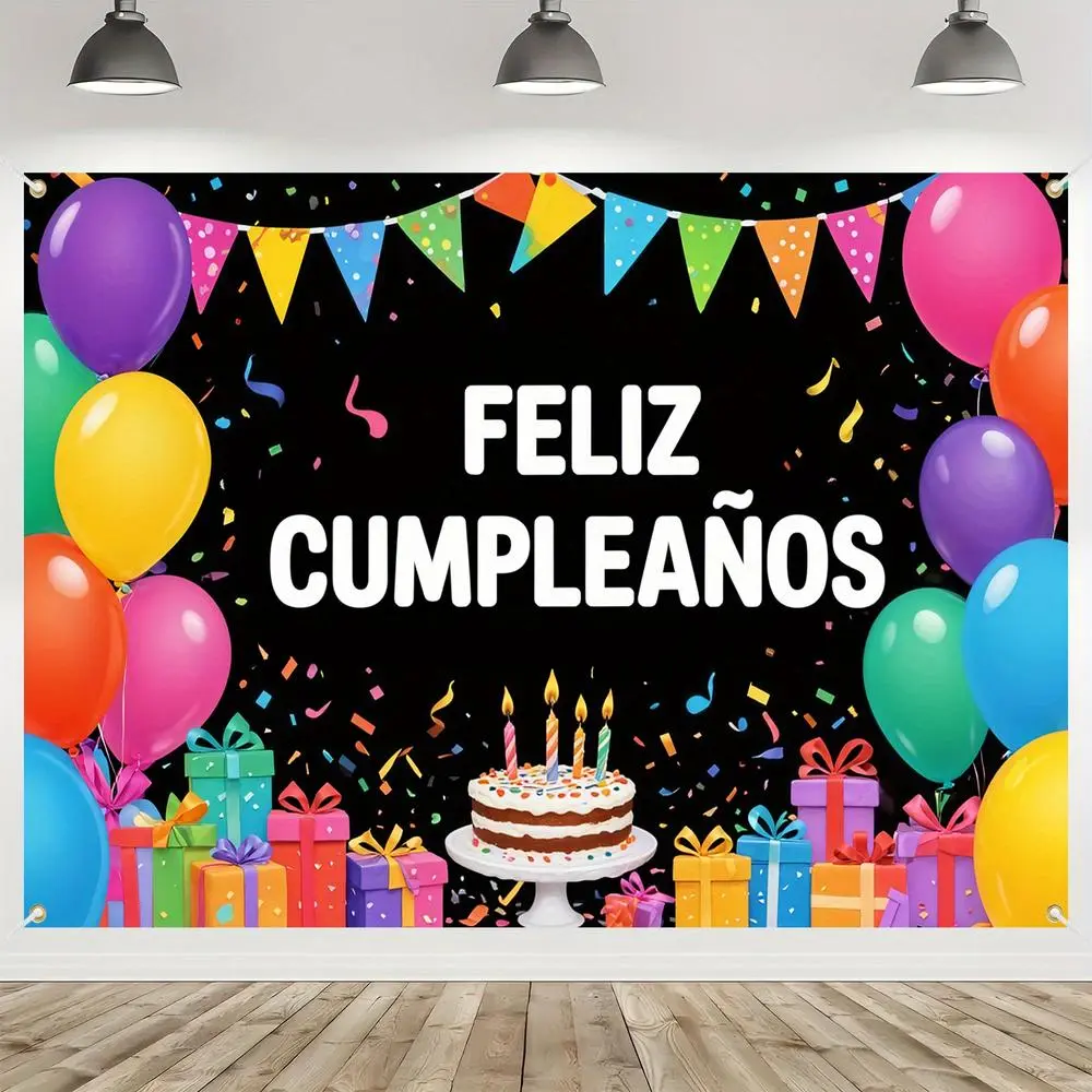 1pc Spanish Theme Flat Banner - Party Decorations Banners, Vibrant Balloon-Confetti-Gift Box Prints, Durable Polyester Photo Booth Backdrop for Indoor/Outdoor Parties (No Electricity Needed)
