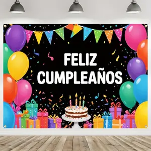 1pc 2D Flat Spanish Happy Birthday Banner with Vibrant Balloons, Confetti & Gift Box Design - Durable Polyester Photo Booth Backdrop for Indoor/Outdoor Parties, All - Season Decorations, No Electricity Needed, B