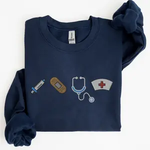 Embroidered Nurse Icons Sweatshirt Cotton Crewneck, Unisex Nurse Sweatshirt Embroidery, Nurse Week Gifts Casual Y2K Sweater Dailywear