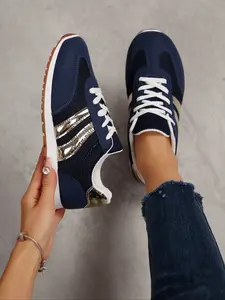 Women's Navy Blue & Silver Accent Low-Top Lace-Up Casual Sneakers, Breathable Running Sneakers, Breathable Mesh Lightweight Comfort Footwear, Non-Slip Shoes for Daily Wear, Walking and Casual Outings, Sports Shoes
