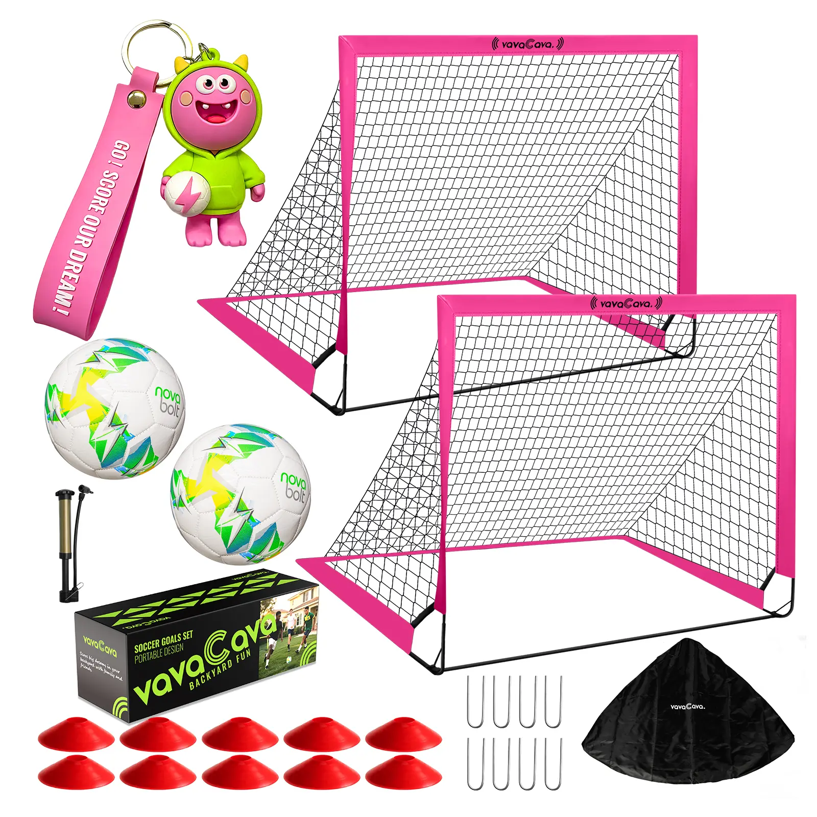 VavaCava 4'x3' Size Portable Pink Soccer Goals Set for Backyard Fun, 2 Nets, 2 Size 3 Balls, 10 Marker Cones, Pump Carry Bag and Cute Keychain, Outdoor Games for Backyard, Beach, Lawn, Soccer Training Equipment, Football Accessories
