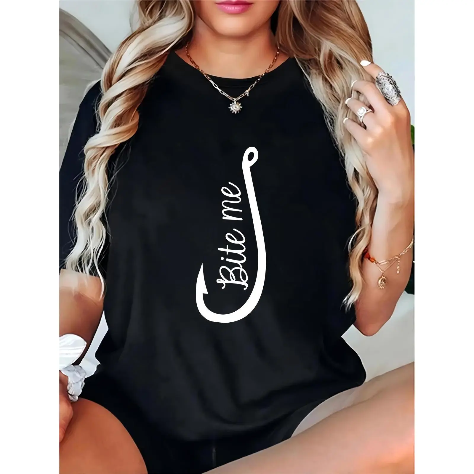 Women's Black 'Bite Me' Fishing Hook Graphic T-Shirt, Casual Summer Tee for Fishing Lovers & Daily Wear