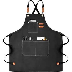 Canvas Chef Apron for Men Women - Heavy Duty Cross Back Apron with 3 Pockets, Adjustable Neck, Kitchen Work Apron for Cooking, BBQ, Gardening, Painting
